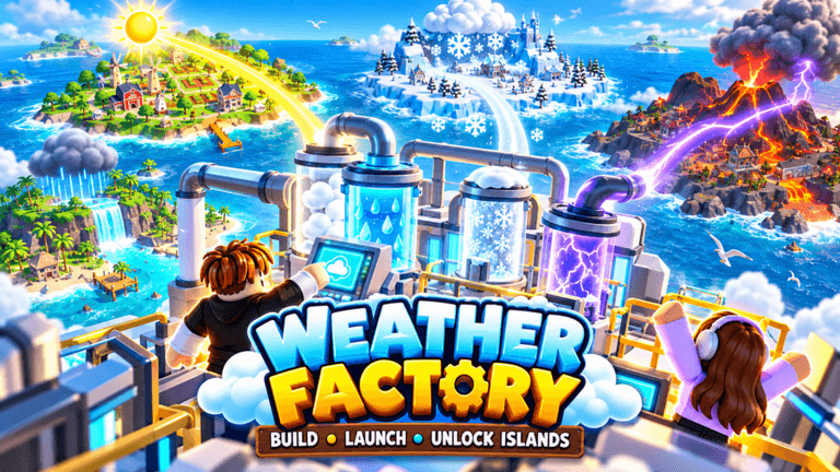 Illustration du jeu Weather Factory montrant des joueurs qui utilisent des machines météo sur plusieurs îles